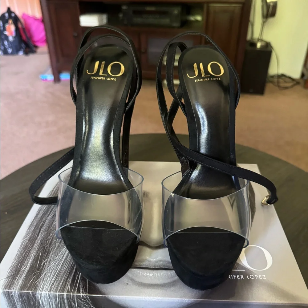 Jennifer Lopez Black Platform Stiletto Sandals with Clear Strap